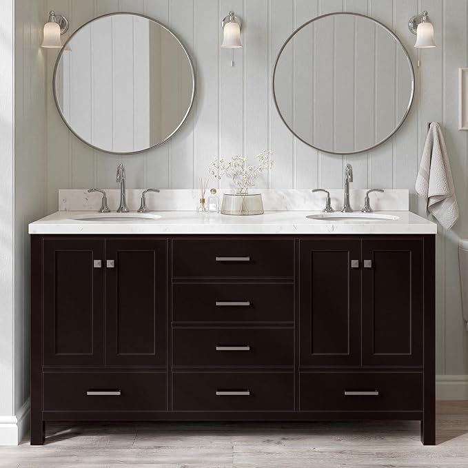 ARIEL Cambridge 66-inch Bathroom Vanity with Sink,Solid Wood, 1.5-inch Carrara White Quartz Countertop, Double Rectangular Porcelain Sink, 4 Soft Closing Doors, 6 Dovetail Drawers, Espresso