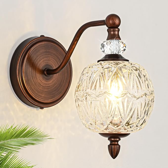 1 Piece Vintage Wall Sconce, 1-Light Mid Century Antique Red Bronze Finish Wall Sconce with Globe Glass Shade, Retro Light for Bathroom, Bedroom, Living Room,Powder Room