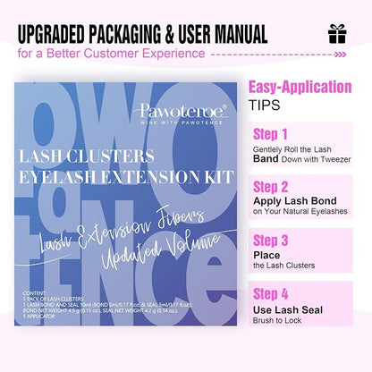 Lash Clusters Kit Cat Eye Lash Extension Kit DIY 9-16mm Cluster Eyelash Extensions Kit 40D Individual Lashes with Lash Bond and Seal, Lash Tweezers for Self Use (Fox 40D, 9-16mm, Kit)