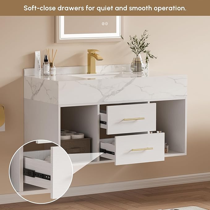 Bathroom Vanity with Sink, 39.3" Floating Bathroom Vanity Set Modern Wall-Mounted Cabinet with Sintered Stone Countertop, Undermount Sink & White Finish, Easy to Clean