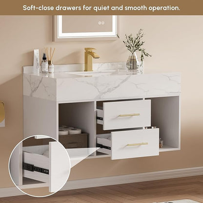 Bathroom Vanity with Sink, 39.3" Floating Bathroom Vanity Set Modern Wall-Mounted Cabinet with Sintered Stone Countertop, Undermount Sink & White Finish, Easy to Clean