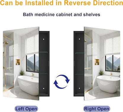 15"x20" Black Medicine Cabinet Mirror, Recessed & Surface Mount Medicine Cabinets for Bathroom, Tempered Glass Mirror + Full Metal Storage Cabinet, 2 Stable and Removable Shelves, Left or Right Open