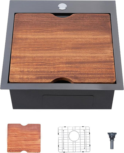 HOTIS 18 x 18 Inch Black Bar Sink Drop in Workstation Sink, Handmade Stainless Steel Wet Bar Sinks,Topmount RV Small Kitchen Sinks, Outdoor Single Bowl with Dish Grid & Drain & Cutting Board