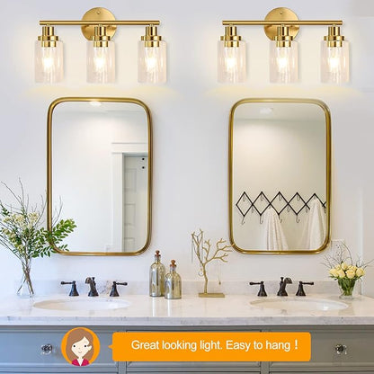 Bathroom Light Fixtures Gold Vanity Light 3 Light Wall Sconces Lighting Brushed Brass Lights with Clear Glass Shades Bath Wall Lamp for Mirror Kitchen