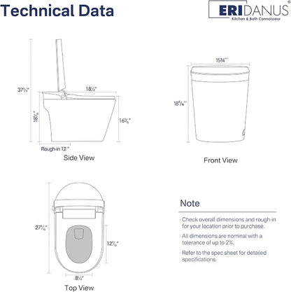One Piece Smart Bidet Toilet, Wash & Dry, Heated Seat, White Gray | Off Seat Auto Flush, Foot Sensor Flush, Instant Warm Water, Adjustable Wash, Self Cleaning Wand, Pre Wet, Night Light