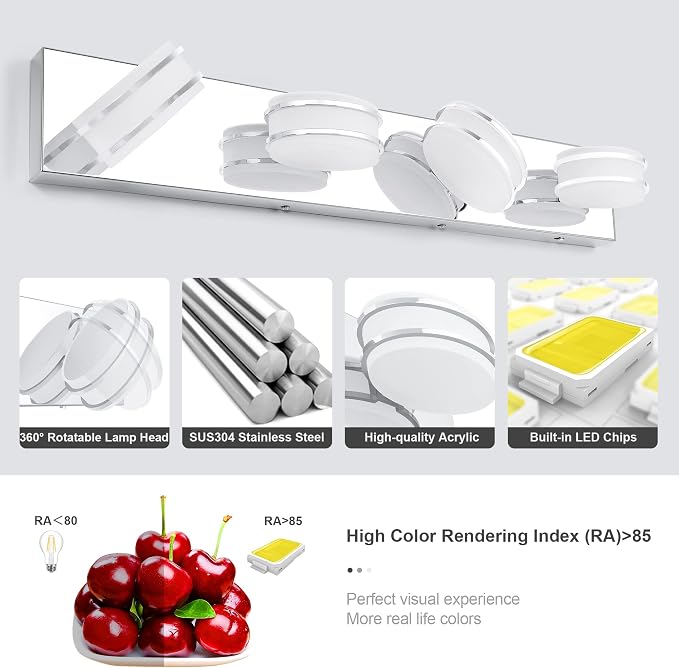 GOODATE 3 Color Temperature Dimmable Vanity Lights for Bathroom, LED Chrome 4 Light Vanity Lighting Fixtures, Acrylic Stainless Steel Oval Shade Bathroom Light Fixtures Over Mirror, ETL Certificated