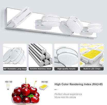GOODATE 3 Color Temperature Dimmable Vanity Lights for Bathroom, LED Chrome 4 Light Vanity Lighting Fixtures, Acrylic Stainless Steel Oval Shade Bathroom Light Fixtures Over Mirror, ETL Certificated