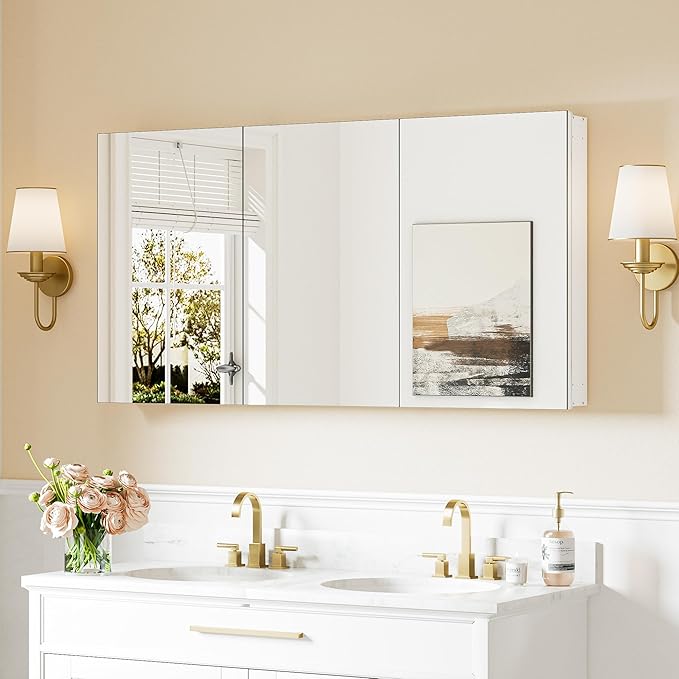 Keonjinn 48x26 Inch White Bathroom Medicine Cabinets Mirror, Tempered Glass | Assembly Required, Lightweight Aluminum Frame, Adjustable Shelves, Surface Mount or Recessed, HD Tempered Glass, Soft Close