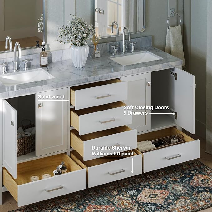 ARIEL Cambridge 72-inch Bathroom Vanity with Sink,Solid Wood, 1.5-inch Italian Carrara Marble Countertop, Double Rectangular Porcelain Sink, 4 Soft Closing Doors, 6 Dovetail Drawers, White