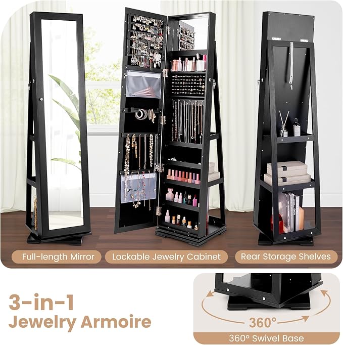 COSTWAY 360 Rotating Jewelry Armoire Cabinet, Standing Jewelry Organizer w/Full-Length Mirror & Large Storage Space, Lockable Mirror Jewelry Cabinet for Girls Women (Black)
