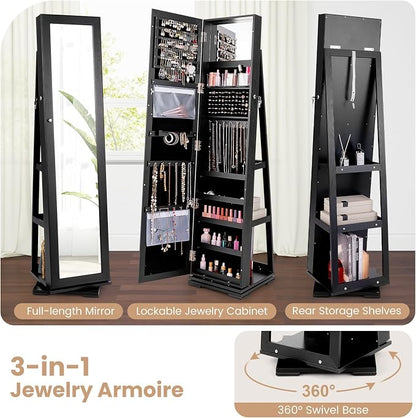 COSTWAY 360 Rotating Jewelry Armoire Cabinet, Standing Jewelry Organizer w/Full-Length Mirror & Large Storage Space, Lockable Mirror Jewelry Cabinet for Girls Women (Black)