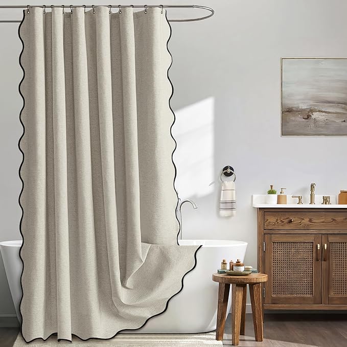 MIULEE 72"x84" Extra Long Scalloped Linen Shower Curtain Linen | Linen Textured, Waterproof, Washable, 12 Metal Hooks, Heavy Duty Cloth, Black Border, Shower Curtain for Bathroom Bathtub