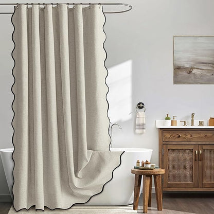 MIULEE 72"x84" Extra Long Scalloped Linen Shower Curtain Linen | Linen Textured, Waterproof, Washable, 12 Metal Hooks, Heavy Duty Cloth, Black Border, Shower Curtain for Bathroom Bathtub