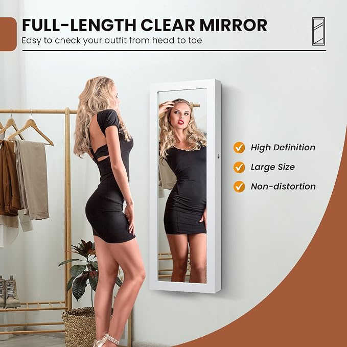 NAFORT 15 LEDs Lockable Mirror Jewelry Armoire Organizer, Christmas Gift Wall Door Mounted Storage Cabinet with Full-Length Mirror, Folding Tray,5 Storage Shelves, White