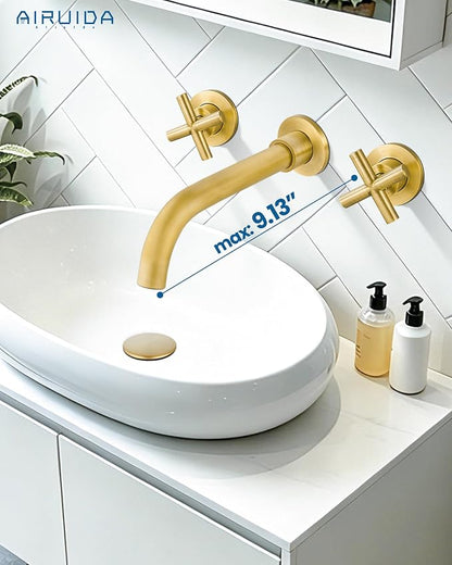 Airuida Solid Brass Antique Brass Wall Mount Bathroom Faucet | 360° Swivel Spout,Rough in Valve,2 Cross Handle,3 Hole,Widespread