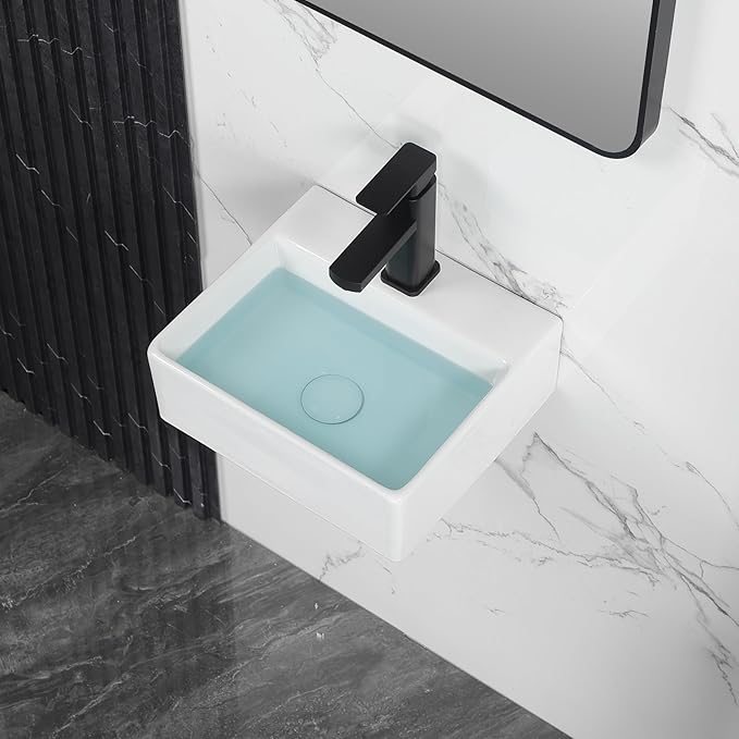 Small Vessel Sink 13"x11" Wall Mount Bathroom Sink Rectangular White Porcelain Ceramic Mini Floating Tiny Bathroom Wall Mounted RV Sink