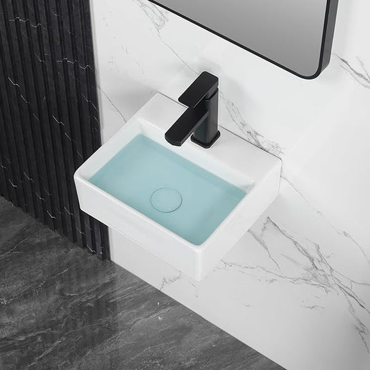 Small Vessel Sink 13"x11" Wall Mount Bathroom Sink Rectangular White Porcelain Ceramic Mini Floating Tiny Bathroom Wall Mounted RV Sink