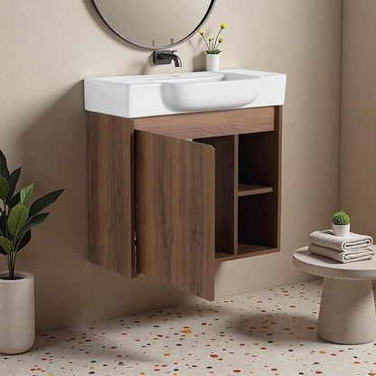 24" Bathroom Vanity with Sink, Wall-Mounted Cabinet, Brown Ebony | Ceramic Sink, Soft-Close Door & 2 Open Storage Shelves, Modern Farmhouse Sink Cabinet, Easy to Clean for Small Bathroom