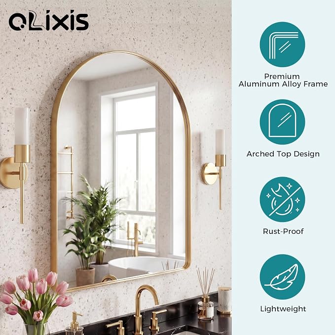 OLIXIS 30x20 Inch Arched Bathroom Wall Mirror, Rounded Rectangle, Gold | Modern Wall Mount Vanity Mirror for Over Sink with Matte Metal Deep Framed, for Home Decor, Living Room