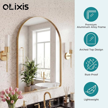 OLIXIS 30x20 Inch Arched Bathroom Wall Mirror, Rounded Rectangle, Gold | Modern Wall Mount Vanity Mirror for Over Sink with Matte Metal Deep Framed, for Home Decor, Living Room
