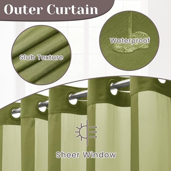 SORTTO No Hook Slub Shower Curtain with Liner, 71x74, Olive | Snap in Liner, 3 in 1, Bamboo Texture, Hotel Style, Waterproof Fabric, Mesh Top Window, Corner Magnets, Machine Washable