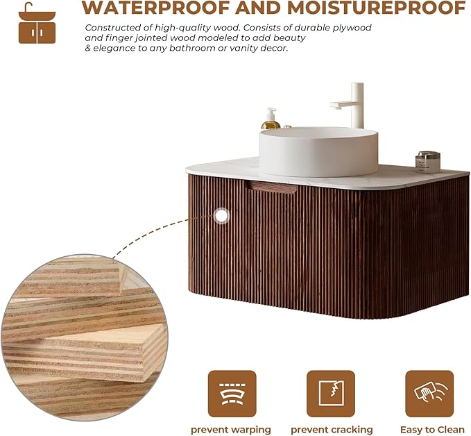 LKTART 36 Inch Floating Bathroom Vanity with Sink, Modern Wall Mounted Bathroom Storage Cabinet with Drawer, Round White Ceramic Sink Top and Marble Texture Top,Walnut