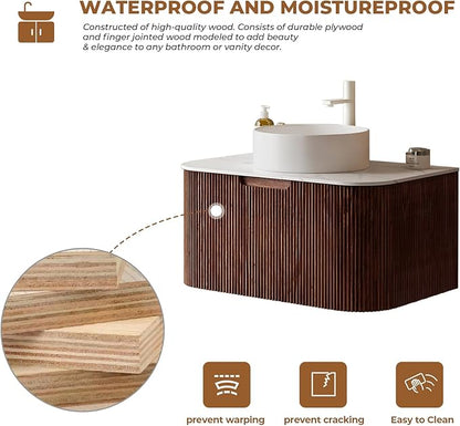 LKTART 36 Inch Floating Bathroom Vanity with Sink, Modern Wall Mounted Bathroom Storage Cabinet with Drawer, Round White Ceramic Sink Top and Marble Texture Top,Walnut