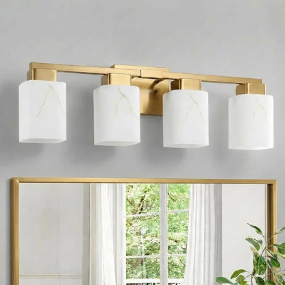 4-Light Square Bathroom Light Fixture, Gold Modern Vanity Light with White Marble Glass Shade, for Bathroom Mirror, Living Room, Bedroom, Hallway, E26 Base