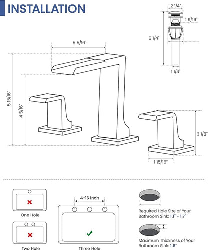 Matte Black Bathroom Sink Faucet 3 Hole - 8 Inch Waterfall Vanity Faucets with Pop Up Drain - Modern Widespread 2 Handles Bathroom Faucet for Farmhouse, Restroom, Lavatory