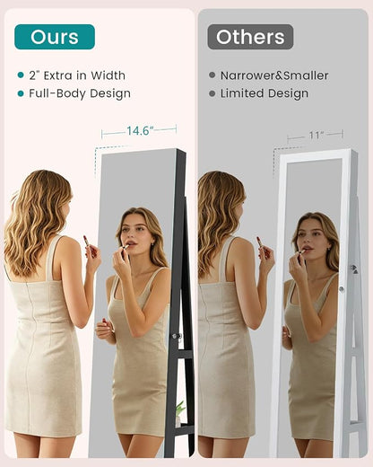 Vlsrka 360° Swivel Mirror Jewelry Cabinet, Lockable Jewelry Armoire, Black | Standing Jewelry Cabinet with Lights, Framelss Mirror with Storage, Foldable Makeup Shelf, Interior Mirror, Gift for Women