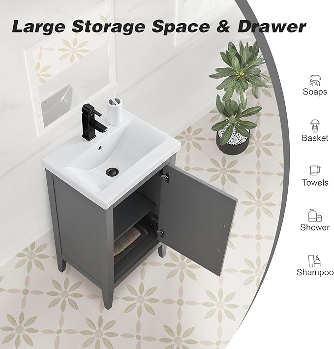 HomeBeyond 20 Inch Bathroom Vanity with Sink & Ceramic Top, Single Vanity Cabinet with Basin, Soft-Closing Doors & Matte Black Hardware, Grey