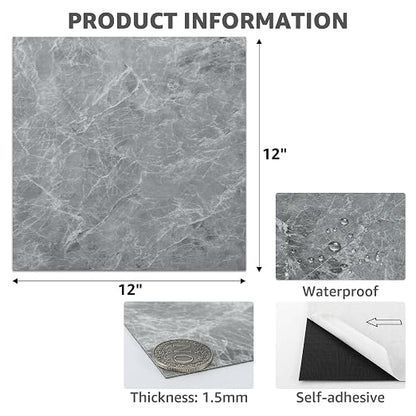 Art3dwallpanels Peel and Stick Floor Tile 30-Pack 12x12 inch Grey Marble | Self Adhesive, Waterproof Vinyl Flooring, Marble Pattern, for Kitchen, Dining Room, Bedrooms, Cover 30 Sq. Ft