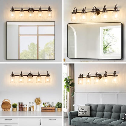 5 Lights Bathroom Vanity Light, Oil Rubbed Bronze Bathroom Light Fixtures with Hammered Glass Lampshade for Dressing Table,Over Mirror,Hallway