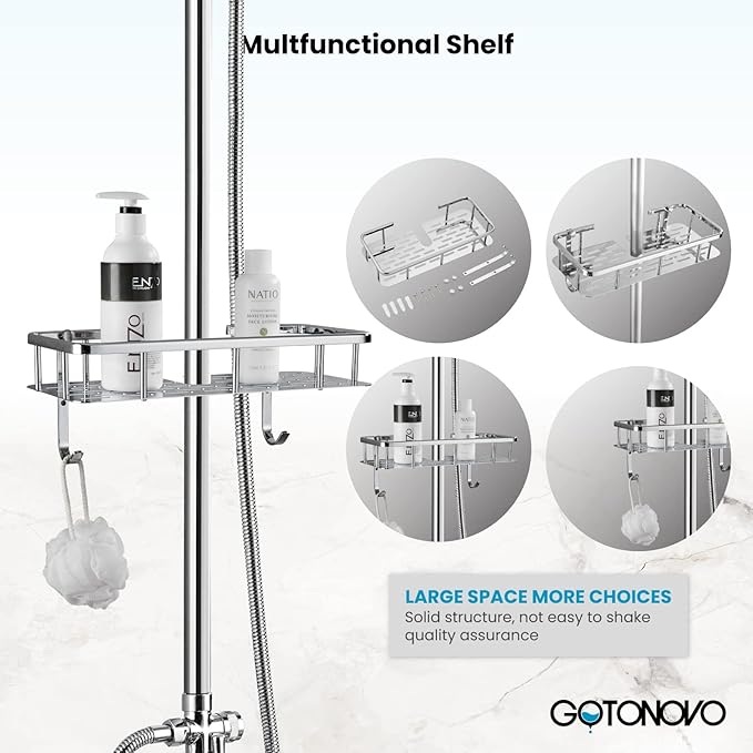 gotonovo Bathroom Exposed Shower Faucet Outdoor Shower System 8 Inch Rainfall Shower Head Set with Tub Spout and Handheld Spray Double Cross Handles Wall Mount with Shower Shelf Polished Chrome