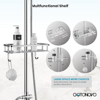 gotonovo Bathroom Exposed Shower Faucet Outdoor Shower System 8 Inch Rainfall Shower Head Set with Tub Spout and Handheld Spray Double Cross Handles Wall Mount with Shower Shelf Polished Chrome