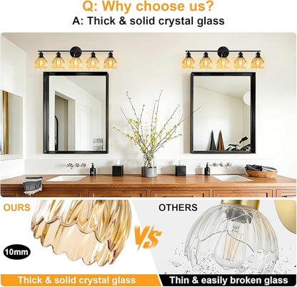 Bathroom Light Fixtures, 5-Light Brushed Black Vanity Lights for Bathroom with Amber Tulip Glass Shade, 30" Vintage Bathroom Vanity Lighting Fixtures Over Mirror for Bedroom Living Room Hallway