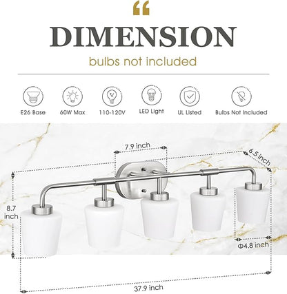 Bathroom Light Fixtures Over Mirror, 5-Light Brushed Nickel Vanity Lighting Fixtures with Milk White Glass, 38inch Farmhouse Wall Sconces Lighting, AD-22004-5W-SN