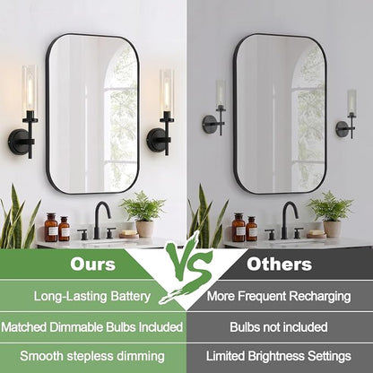MOKATNG Battery Operated Wall Sconce Set of 2，Black Wireless Rechargeable Wall Lighting Fixtures with Remote Control，Dimmable Wall Light for Bathroom ，Vanity, Living Room, Bedroom, Hallway, Stairway