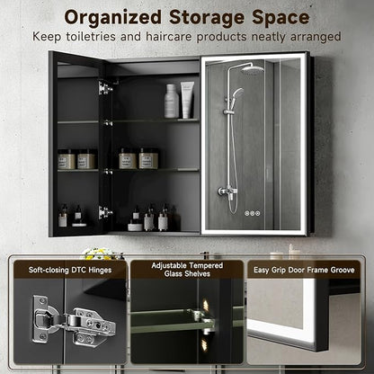 40X32 Inches Framed Medicine Cabinet with Lights, Bathroom Medicine Cabinet with 3-Color/Dimmable, Anti-Fog, Plug-in & Hardwired, Surface Mount & Recessed