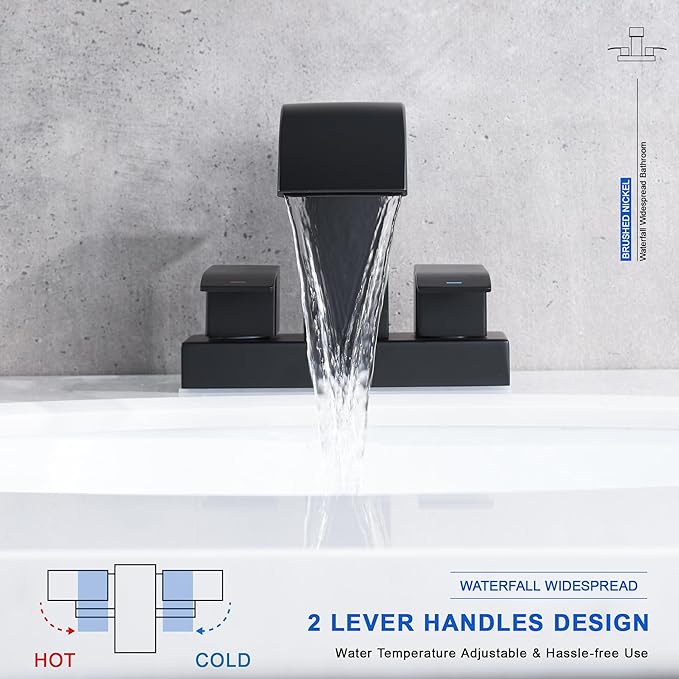 Black Waterfall Bathroom Sink Faucet with Pop up Sink Drain Stopper Overflow for Faucet Vessel, 4 Inch 2 Handles 2 or 3 Holes Centerset Faucet for Lavatory Bathroom Sink with Supply Lines
