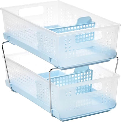 madesmart Two-Tier Bathroom Cabinet Organizer, Sliding Drawer Storage for Bottles, Sponges & Cleaning Supplies, Blue
