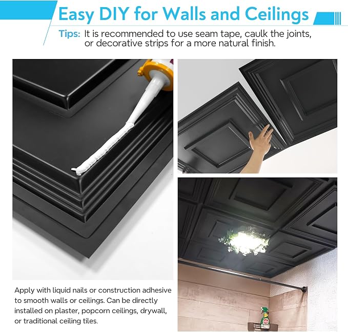 STICKGOO Black PVC Ceiling Tiles, 24 x 24 in, 12 Pack | 2 x 2ft Drop ceiling panels, covers 48 sq ft, lightweight, ideal for glue-up installation or covering existing ceiling