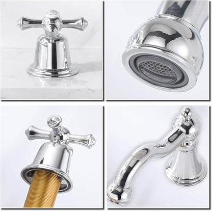 RKF Bathroom Faucets for Sink 3 Hole Chrome 8 inch Widespread Bathroom Sink Faucet with Drain 2 Handles Cross Knobs Faucet Bathroom Vanity Faucet Basin Mixer Tap CWF033-CP