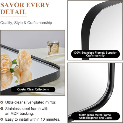 36”x48” Black Bathroom Mirror, Wall Mirror for Bathroom, Rounded Rectangle Mirror in Premium Stainless Steel Metal Frame Hangs Horizontal Or Vertical (Matte Black)