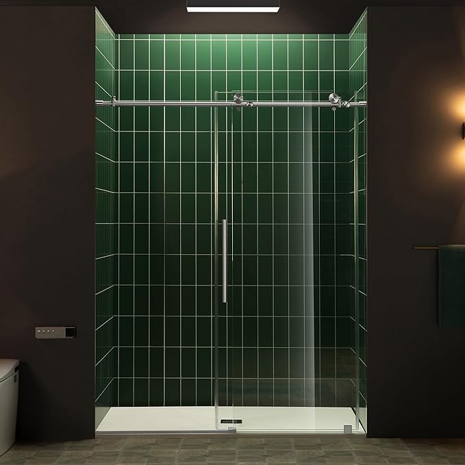 Woodbridge 57.5-60" W x 80" H Frameless Single Sliding Soft-Close Shower Door with Tempered Glass & Explosion Proof Film in Brushed Nickel Finish