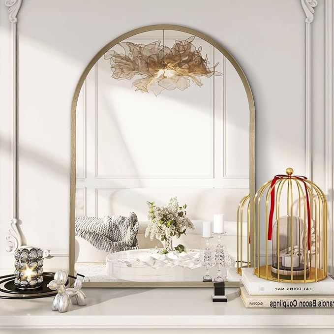 Bathroom Arched Wall Mirror Brushed Metal Vanity Wall Mounted Mirror for LivingRoom Bedroom Entryway Room Vanity Home Decor 28"x20"