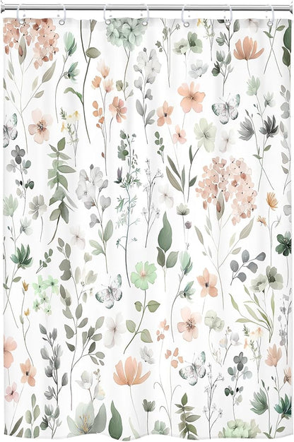 Cute Floral Small Stall Sage Green Flower Girls Bathroom Shower Curtain Set | 48"W x 72"H Wildflower Butterfly; waterproof HD print, quick-dry fabric and plastic hooks for easy setup.