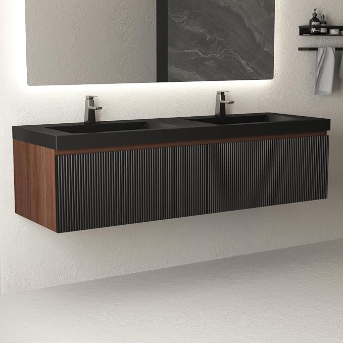 60 Inch Floating Bathroom Vanity with Double Sinks, Wall Mounted Striped Storage Cabinet, Soft Close Drawer, Black Quartz Sand Basin, Fully Assembled, Smoked Walnut Finish