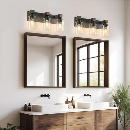 Farmhouse Bathroom Vanity Light Fixtures, Rustic 3-Light Wood Vanity Lights for Bathroom, Vintage Black Wall Sconces Lighting, Light fixtures Over Mirror, with Glass Shade