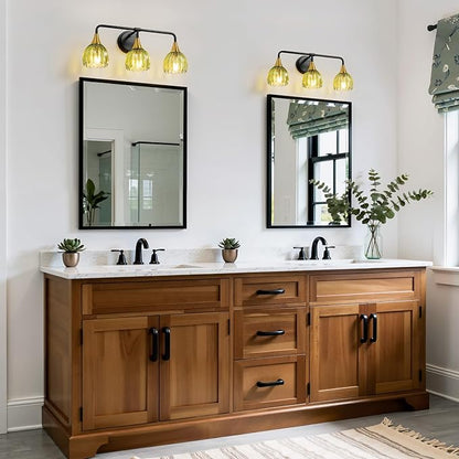 Bathroom Vanity Light Fixtures: 3-Lights Vintage Bathroom Lights Over Mirror with Ribbed Green Tulip Glass Shade - 22.4 inch Black and Gold Wall Sconce Bath Lighting